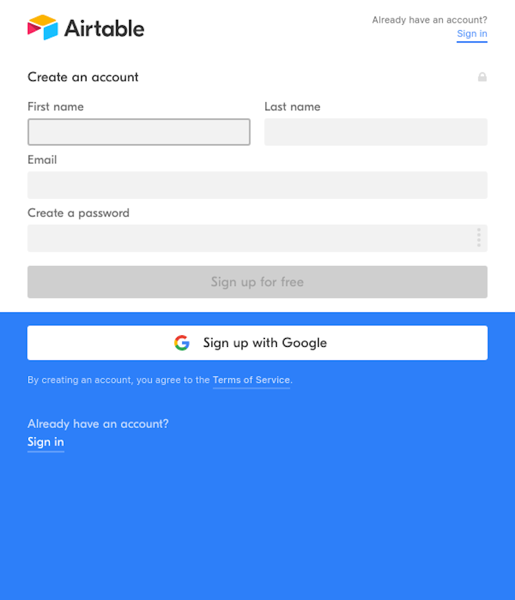 Airtable Signup Page Design Photo