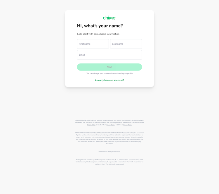 Chime Signup Page Design Photo