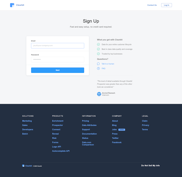 Clearbit Signup Page Design Photo