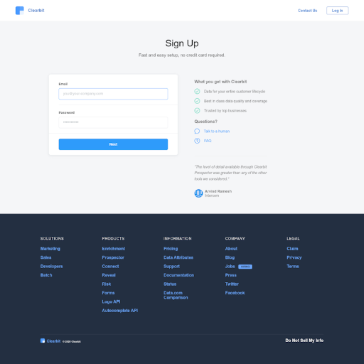 Clearbit Signup Page Design Photo