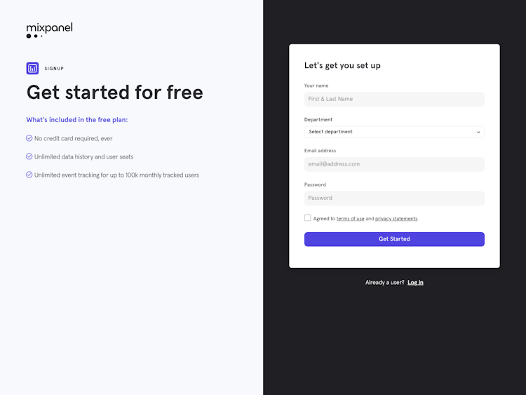 Mixpanel Signup Page Design Photo
