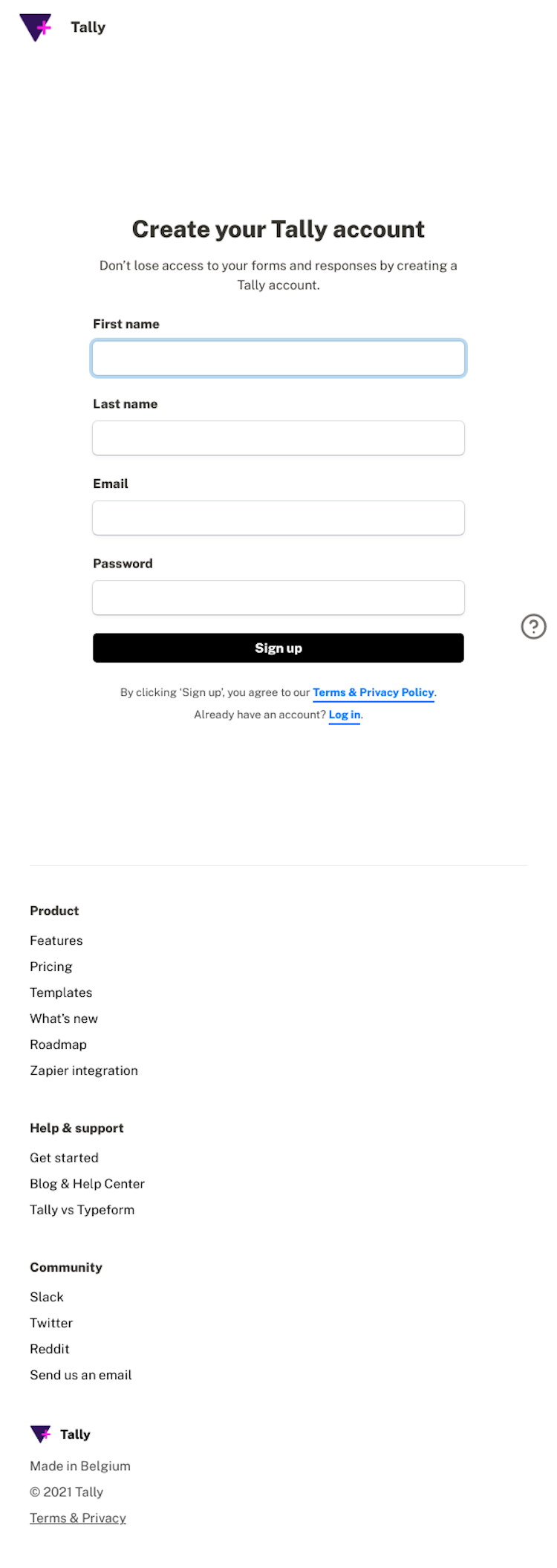 Tally Signup Page Design Photo