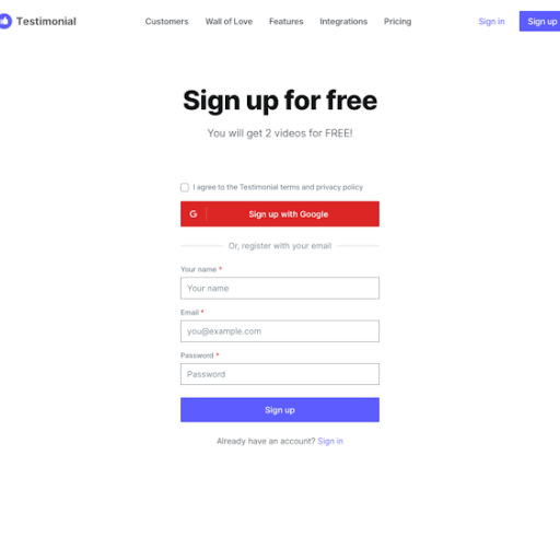 Testimonial Signup Page Design Photo